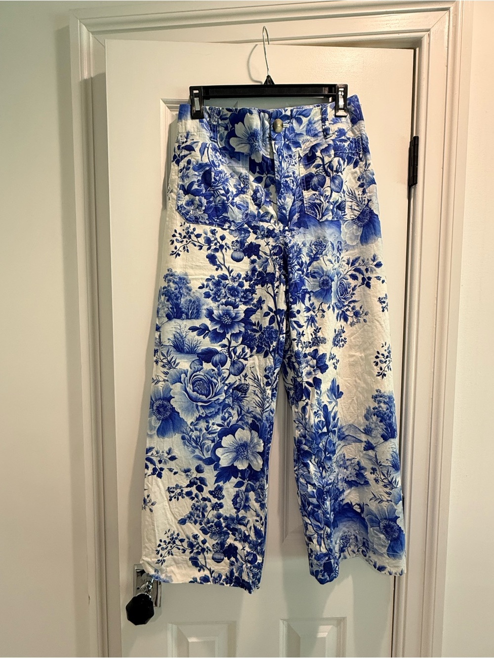 Anthropologie Maeve Colette Linen Crop Wide-Leg Pants Blue Floral 27 - Picture 2 of 7